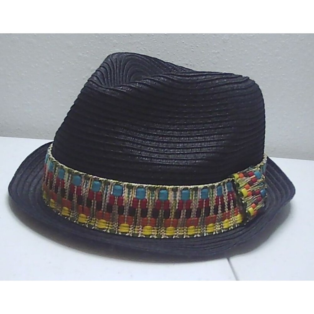 Gabriella Rocha Black Woven Fedora with a Multi-Color Embroidered Band 57 cm